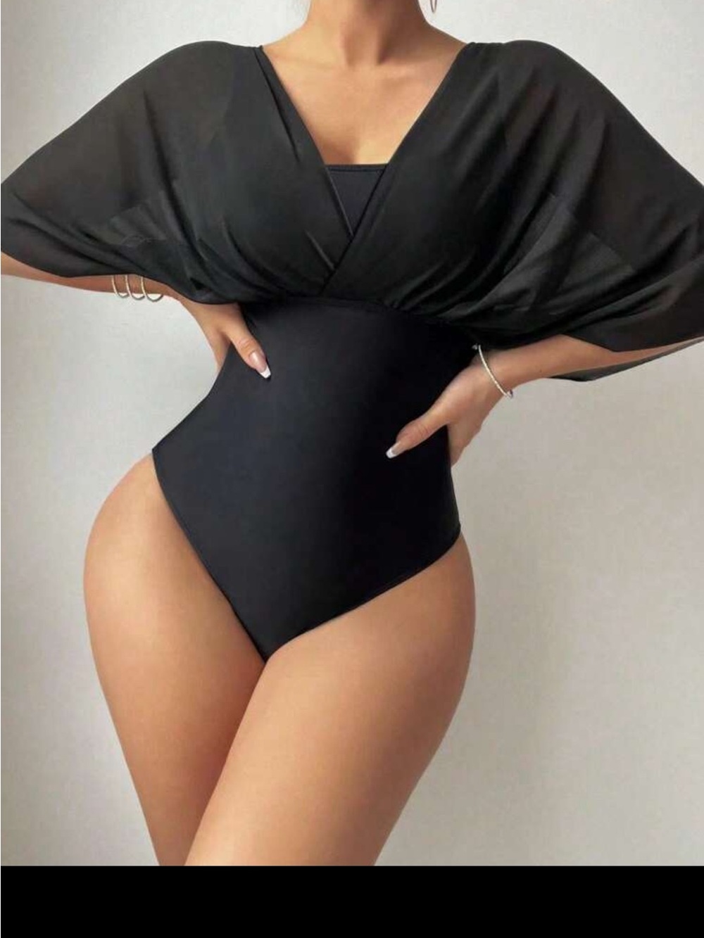 Black One-Piece Women’s Swimwear with Draped Sheer Top